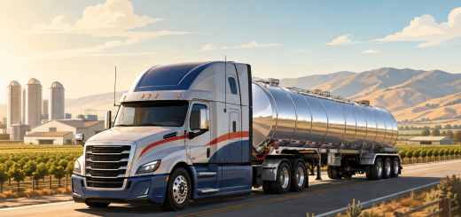 Illustrated stainless-steel food-grade tanker traveling through California’s Central Valley toward a logistics terminal