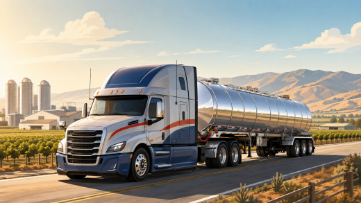 Illustrated stainless-steel food-grade tanker traveling through California’s Central Valley toward a logistics terminal