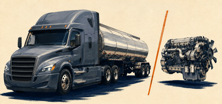 Illustration of a tanker truck and standalone heavy-duty diesel engine separated by an orange line.
Media title: NHTSA Complete-Vehicle and Standalone-Engine Authority