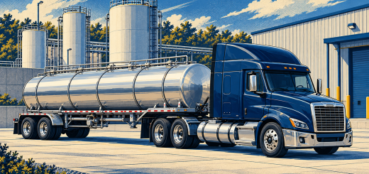 Screen-print-style illustration of a navy tractor and silver tank trailer beside a warehouse and vertical storage tanks.