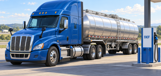 Blue highway tractor and silver tank trailer parked beside a DEF dispenser.