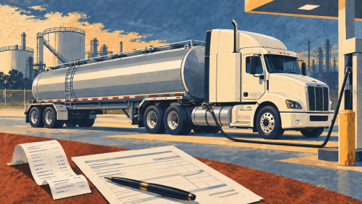 Illustration of a white tractor and silver tank trailer at a diesel pump, with a receipt, invoice and pen in the foreground.