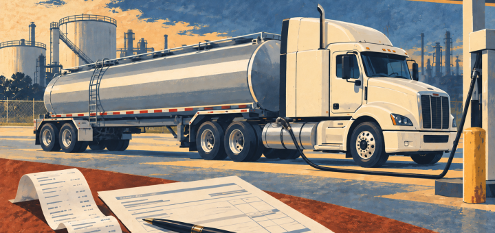 Illustration of a white tractor and silver tank trailer at a diesel pump, with a receipt, invoice and pen in the foreground.