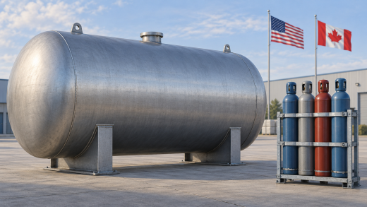 Steel storage tank on saddle supports beside four upright gas cylinders, with U.S. and Canadian flags behind them.