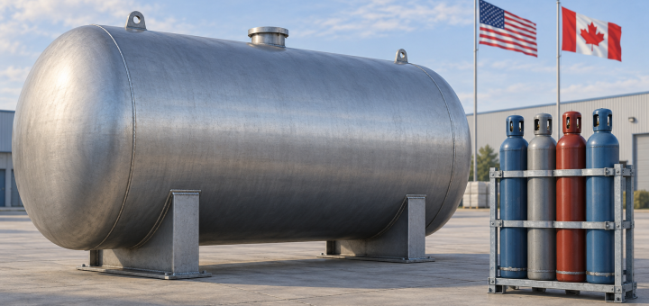 Steel storage tank on saddle supports beside four upright gas cylinders, with U.S. and Canadian flags behind them.