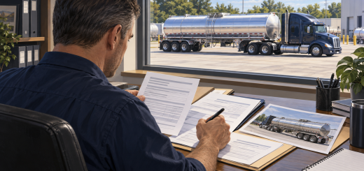 Illustration of a fleet safety manager reviewing documents and a tanker photograph, with a tank truck visible outside.