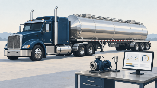 Illustration of a blue tractor and stainless-steel tank trailer beside a pump test bench and monitor displaying sensor graphics