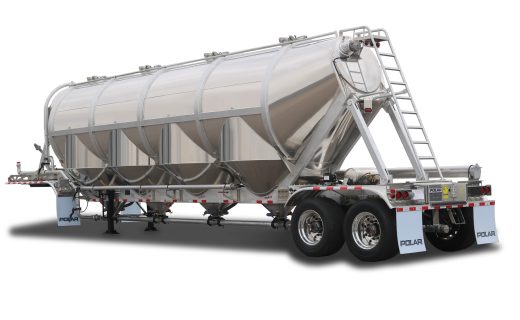 Silver Polar 1660 four-hopper dry-bulk trailer with a rear access ladder and tandem axles.