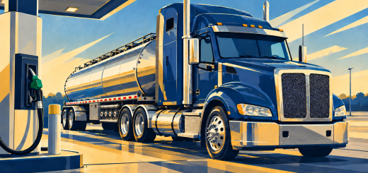 Art Deco illustration of a blue semi-truck and silver tank trailer parked beside a diesel pump.