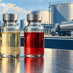 Dyed diesel samples at an industrial terminal
