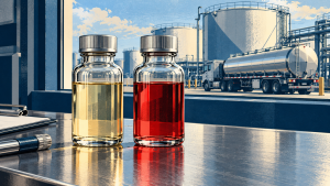 Dyed diesel samples at an industrial terminal