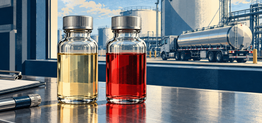 Illustration of two capped glass bottles containing pale yellow and red fuel, with a tanker truck and bulk storage tanks in the background.