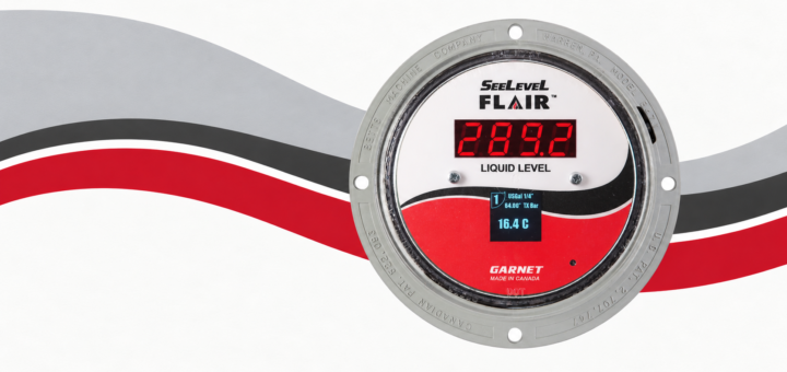 Illustration of a Garnet SeeLeveL Flair gauge against sweeping red, charcoal and silver-gray bands.