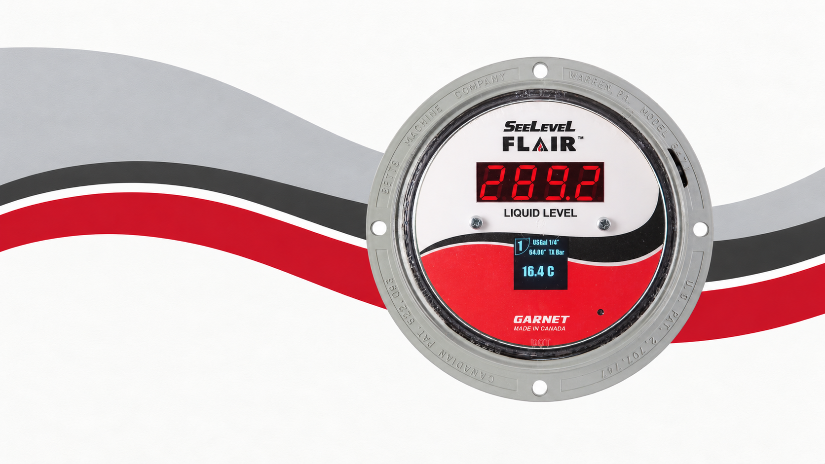 Illustration of a Garnet SeeLeveL Flair gauge against sweeping red, charcoal and silver-gray bands.