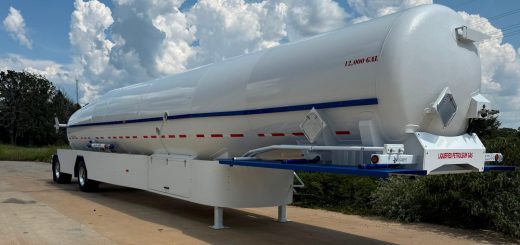 White Exosent 12000S LPG tank trailer with blue trim parked outdoors.